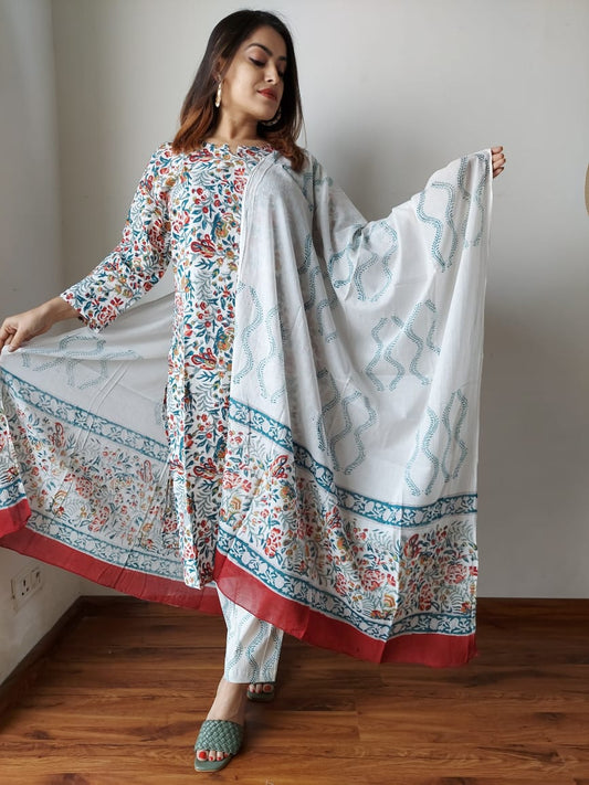 Premium Hand Block Printed Stitched Cotton Kurti With Cotton Dupatta