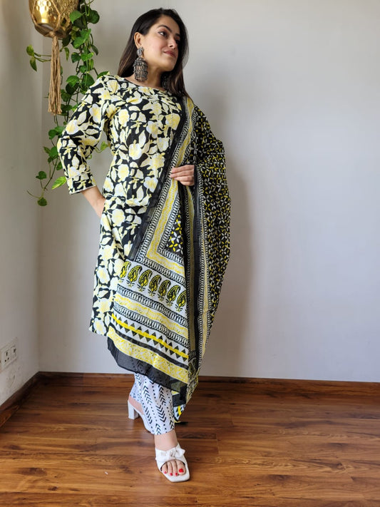 Black Base Light Yellow Color Floral Hand Block Printed Cotton Kurti