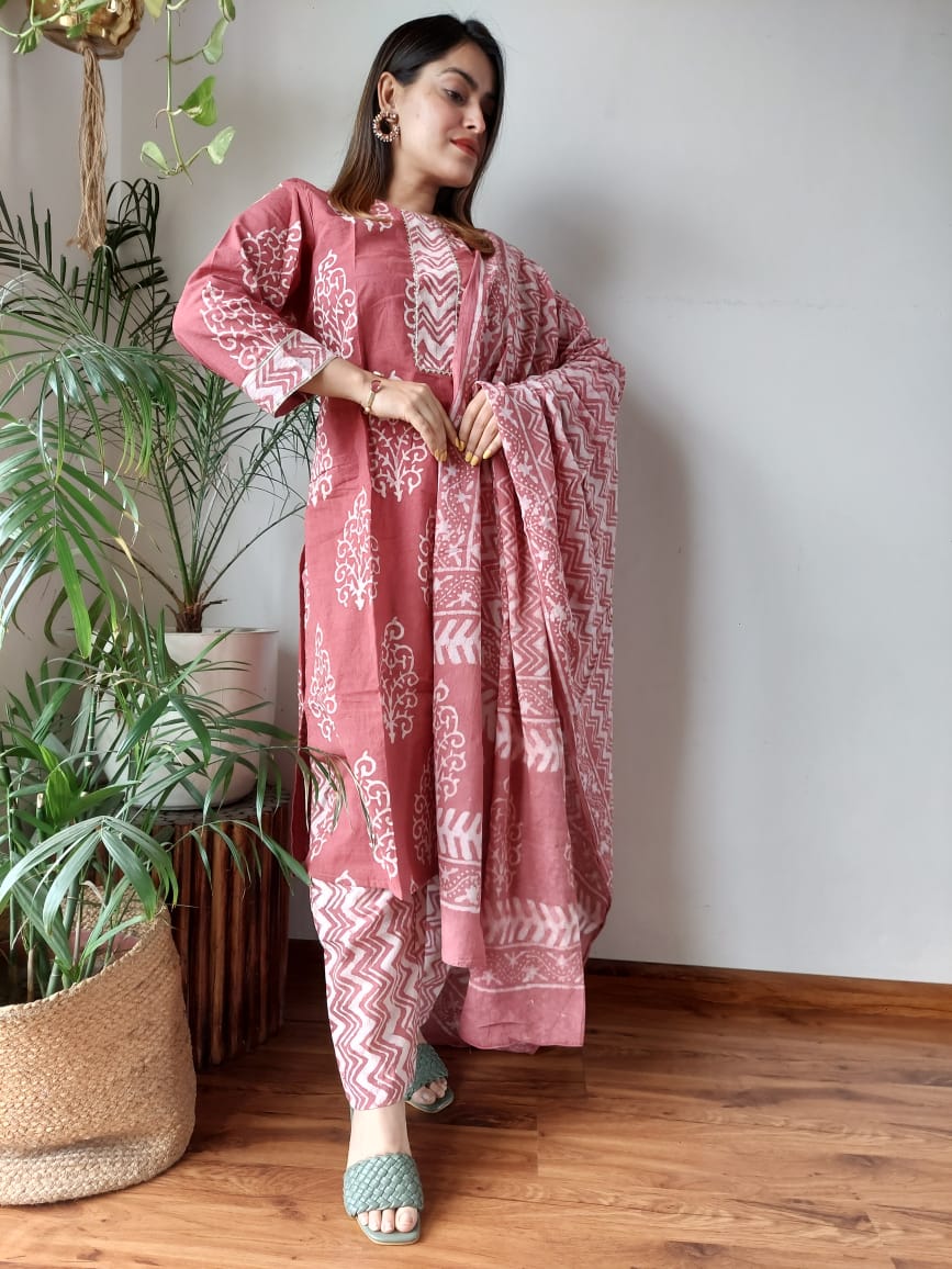 Pink  Hand Block Printed Stitched Cotton Kurti With Cotton Dupatta