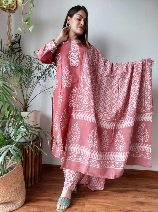 Pink  Hand Block Printed Stitched Cotton Kurti With Cotton Dupatta