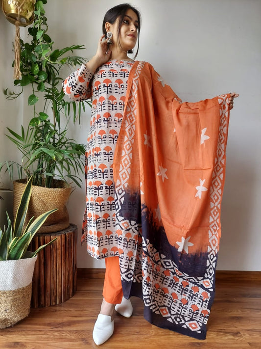 White Base Orange Color Floral Hand Block Printed Cotton Suit