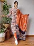 White Base Orange Color Floral Hand Block Printed Cotton Suit