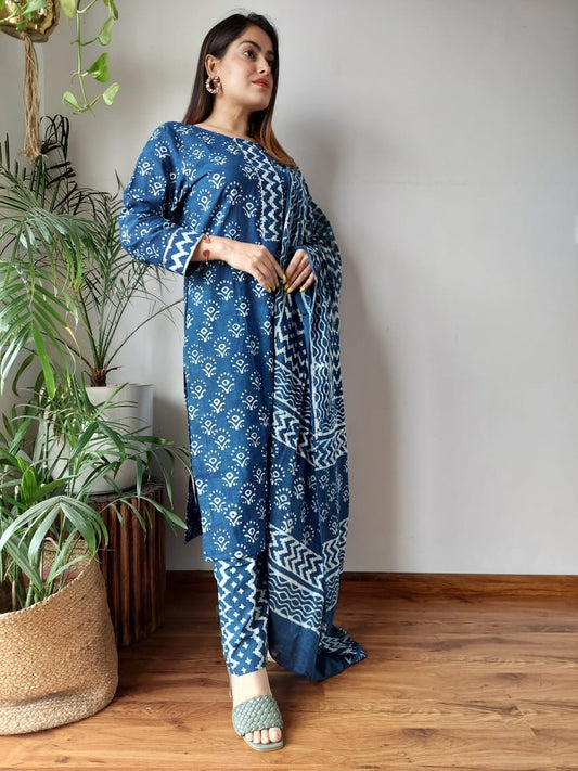 Premium Hand Block Printed Stitched Cotton Kurti & Cotton Dupatta