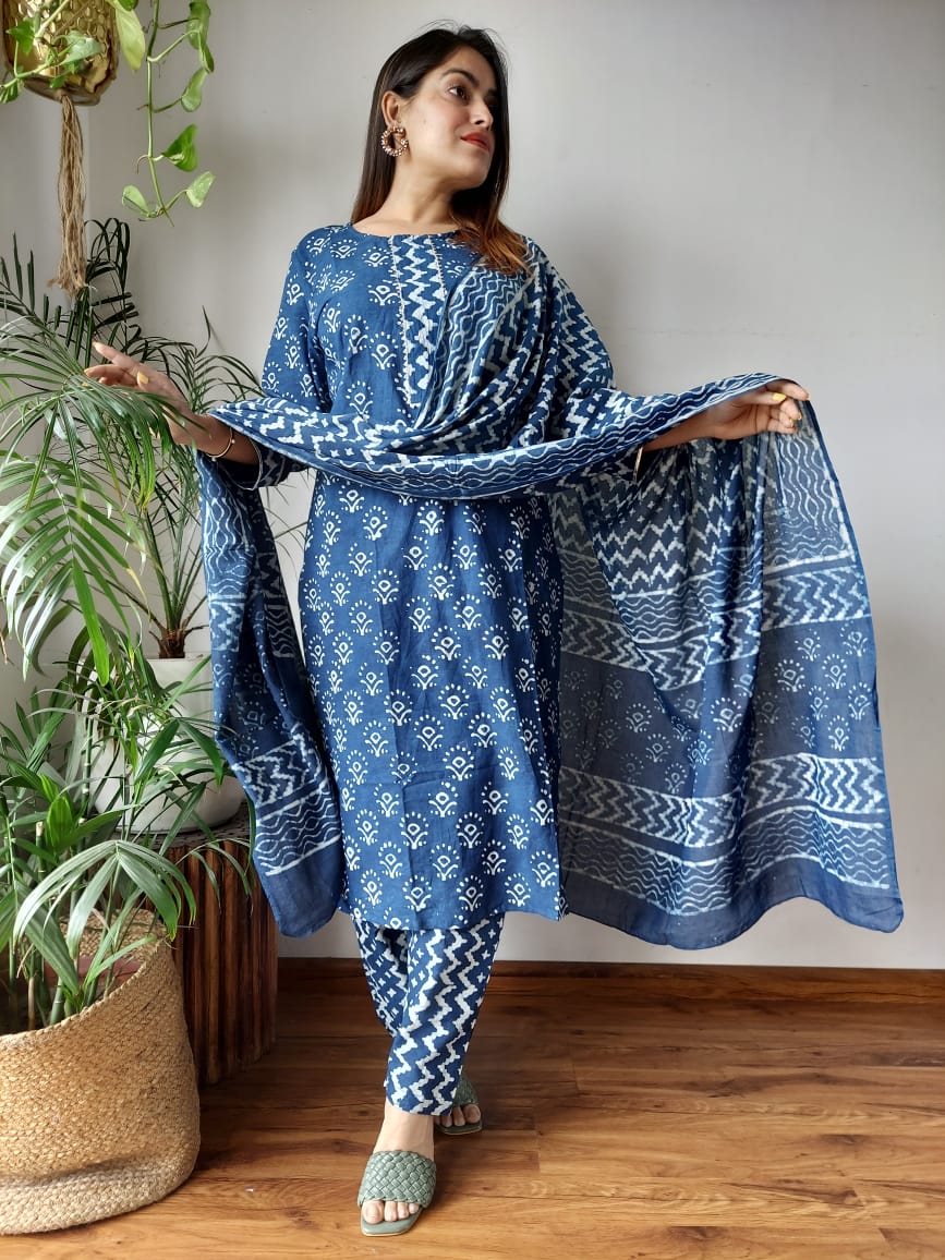 Premium Hand Block Printed Stitched Cotton Kurti & Cotton Dupatta