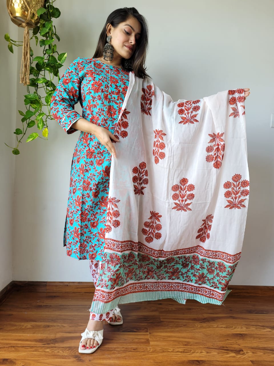 Blue Hand Block Printed Stitched Cotton Kurti With Cotton Dupatta