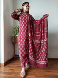 Maroon Stitched Hand Block Printed Cotton Kurti With Cotton Dupatta