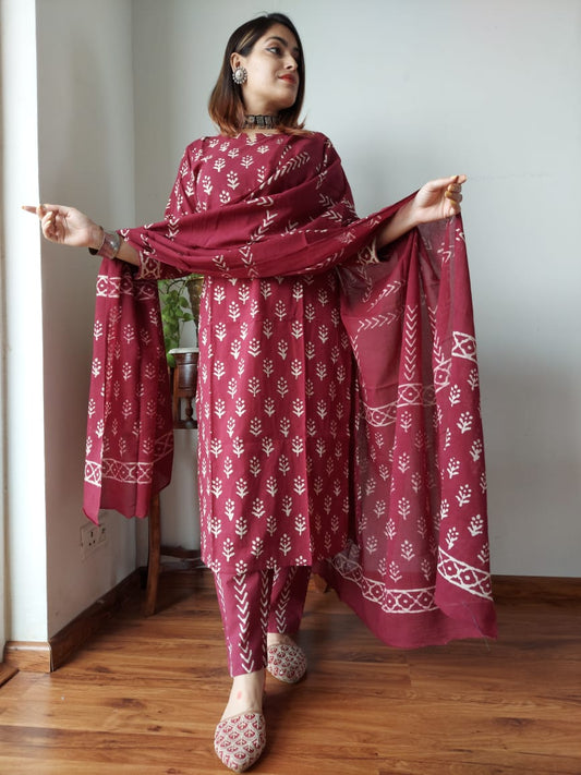 Maroon Stitched Hand Block Printed Cotton Kurti With Cotton Dupatta