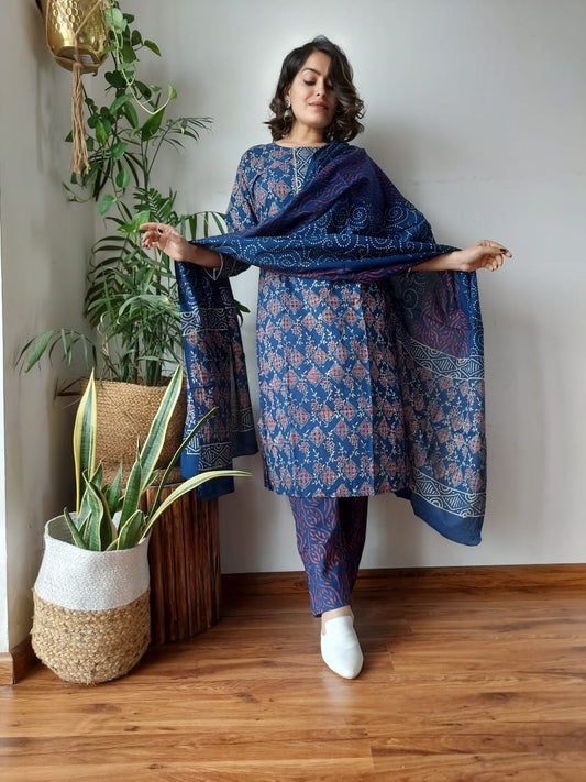 Premium Hand Block Printed Stitched Cotton Kurti With Cotton Dupatta