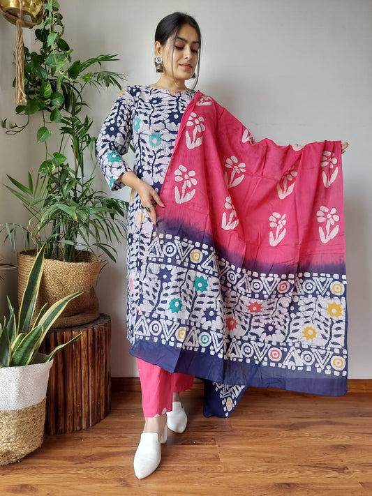 Premium Floral Print Hand Block Printed Stitched Cotton Kurti With Cotton Dupatta