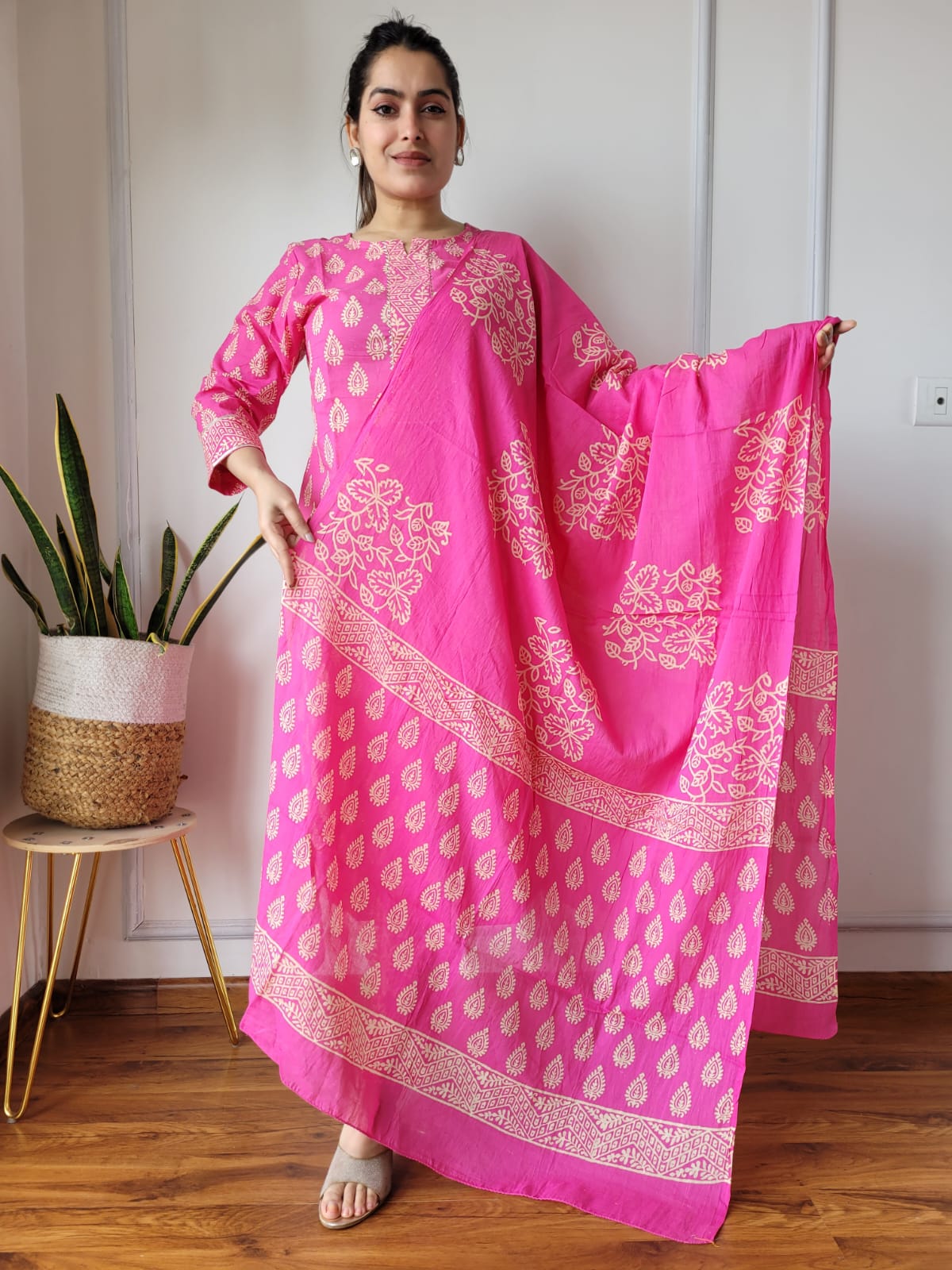 Pink Hand Block Printed Stitched Cotton Kurti With Cotton Dupatta