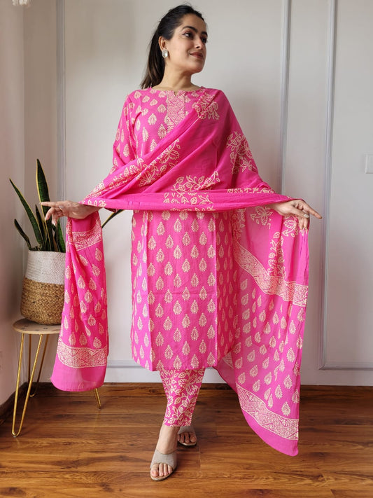 Pink Hand Block Printed Stitched Cotton Kurti With Cotton Dupatta