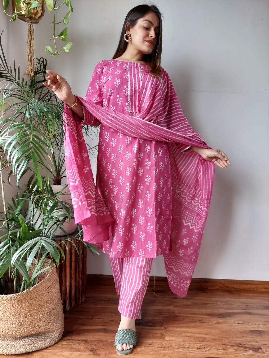 Pure Hand Block Printed Stitched Cotton Kurti With Cotton Dupatta