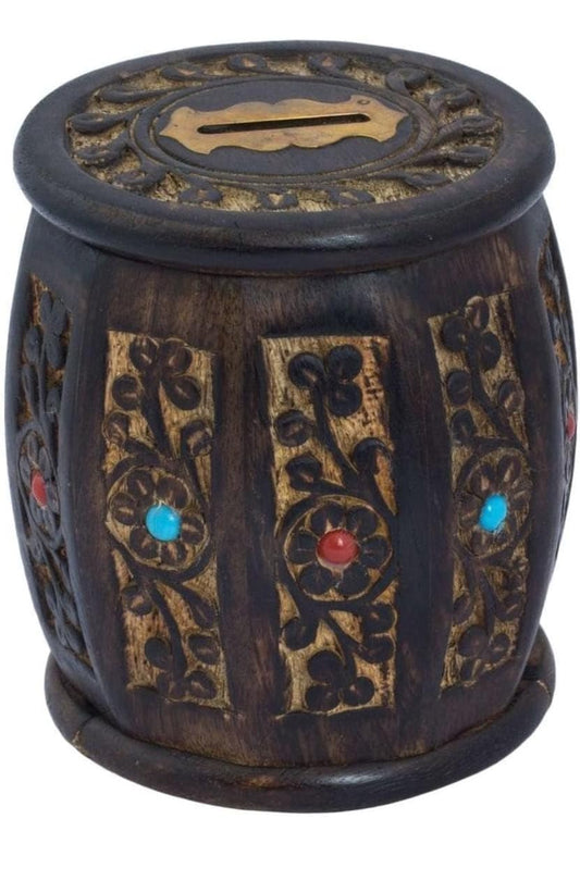 Wooden Handcrafted Antique Dholak Shaped Money Bank