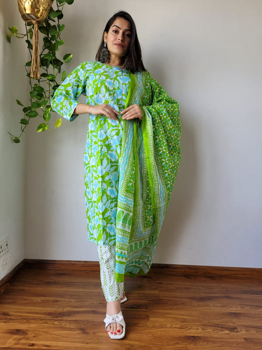 Premium Hand Block Printed Women Cotton Green Printed Kurta with Pants and Dupatta Set