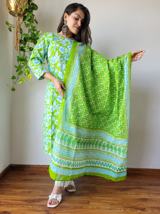 Premium Hand Block Printed Women Cotton Green Printed Kurta with Pants and Dupatta Set