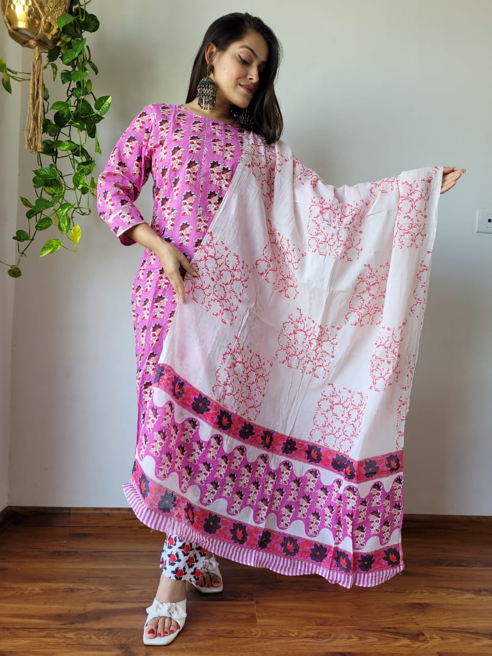 Pink Base Brown Color Floral Hand Block Printed Cotton Kurti