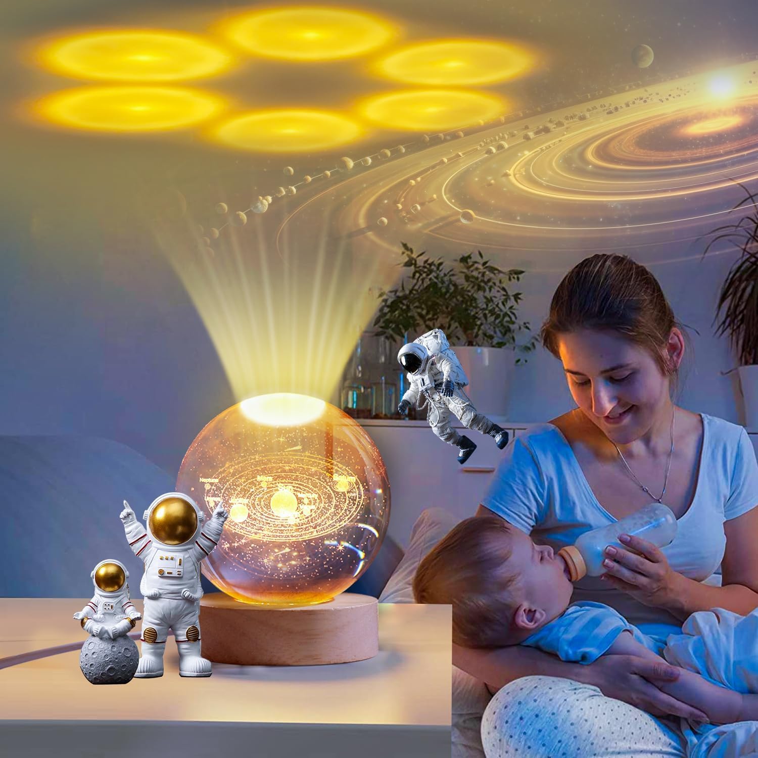 Crystal Ball Solar System Celestial Design 3D Night Light Globe Room Decor With Light Base, Glass Sphere Mood light, Night light