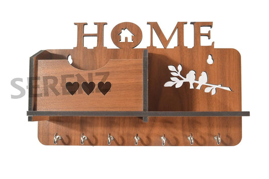 Serenz Home Side Shelf Wooden Key Holder (Brown, 7 Hooks)