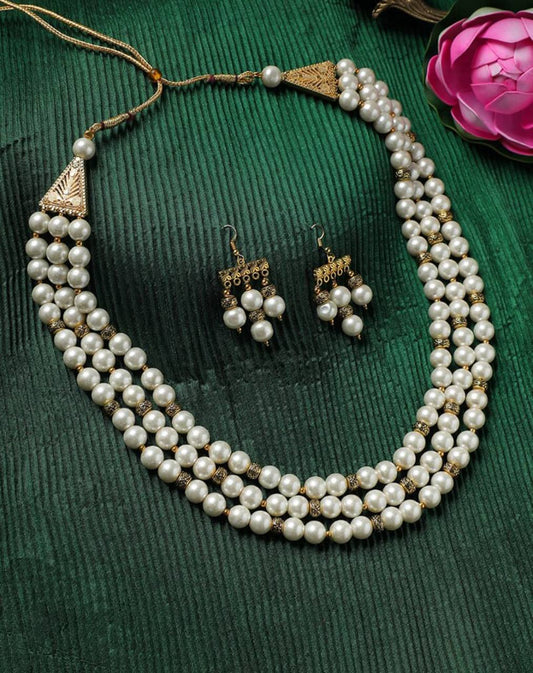 Pearl Three Layered Necklace & Earrings Set