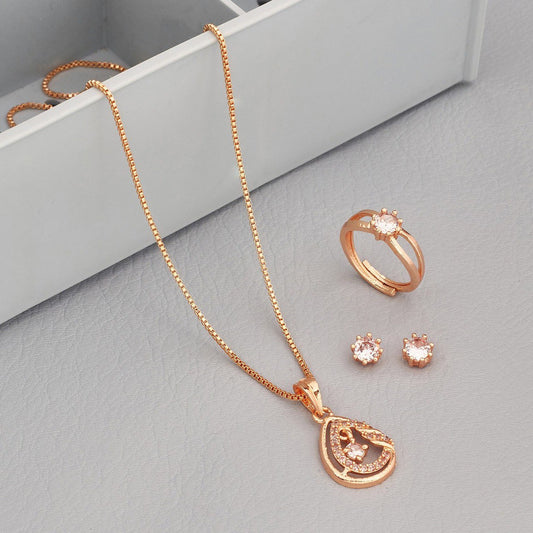 Rosegold Latest Design Necklace With Ring And Earrings Jewellery Set