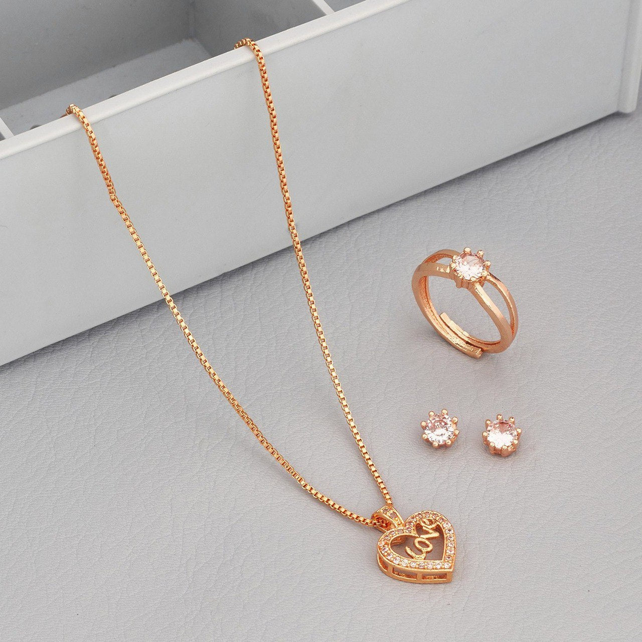 Rose Gold Plated Neckless With Earrings And Ring Gold-plated Cubic Zirconia Alloy