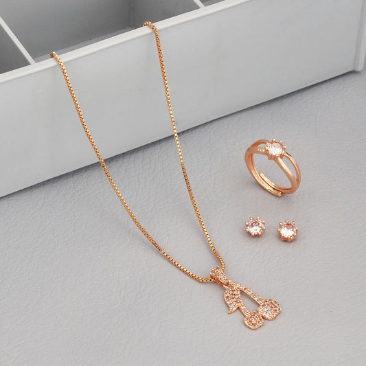 Rose Gold Necklace/Pendent set with Ring Cubic Zirconia Alloy Necklace Set