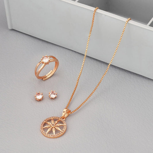 Rose Gold Plated Alloy Chain Pendant With Ring & Earring
