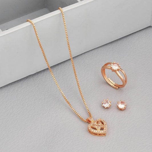 Rose Gold Plated Neckless With Earrings And Ring Gold-plated Cubic Zirconia Alloy