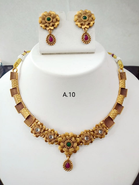 Gold Plated Traditional Ethnic Brass Alloy Necklace Set With White beads and Kundan Stones
