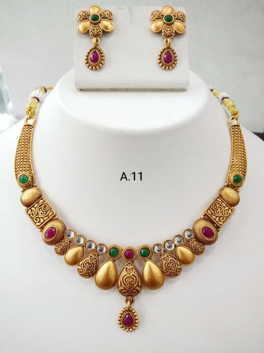 Gold Plated Traditional Ethnic Brass Alloy Necklace Set With White beads and Kundan Stones