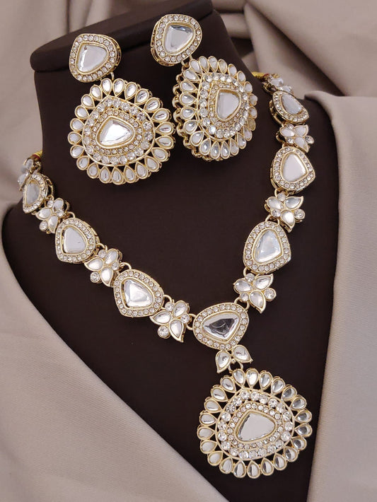Gold Kundan Necklace Set - Drop Pendant Design with Drop Earrings For Women