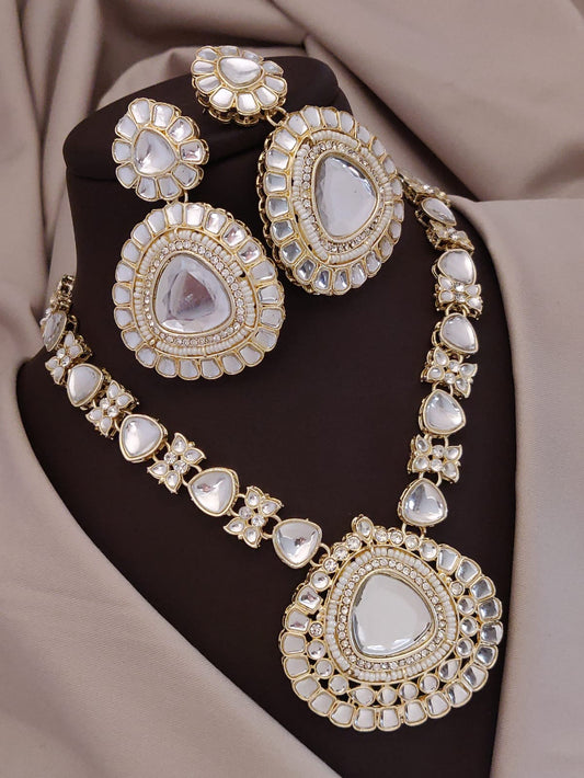 Gold Kundan Necklace Set - Drop Pendant Design with Drop Earrings For Women
