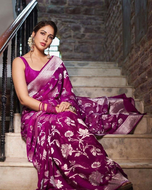 Women's Soft Art Silk Wine Floral Print Saree With Unstitched Blouse Piece