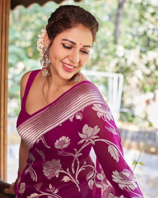 Women's Soft Art Silk Wine Floral Print Saree With Unstitched Blouse Piece