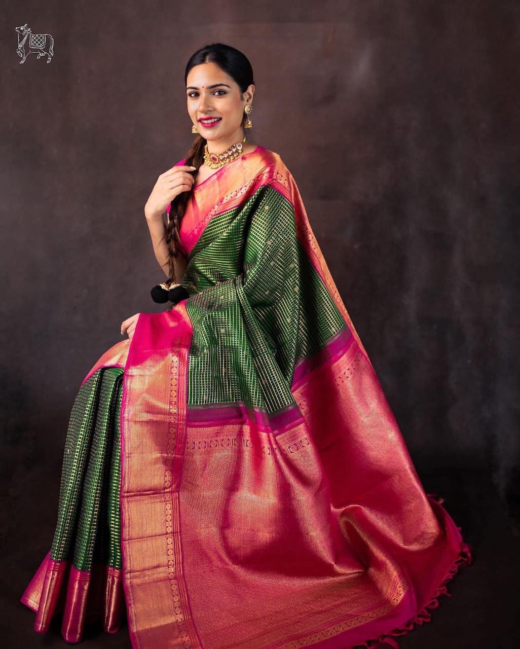 Dark Green Banarasi Soft Silk Checks Saree