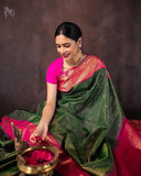 Dark Green Banarasi Soft Silk Checks Saree