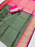 Dark Green Banarasi Soft Silk Checks Saree