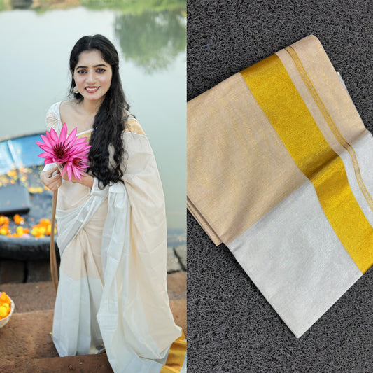 Kerala Tissue Saree- Half Silver Tissue and Half Golden Tissue Saree-Premium Quality