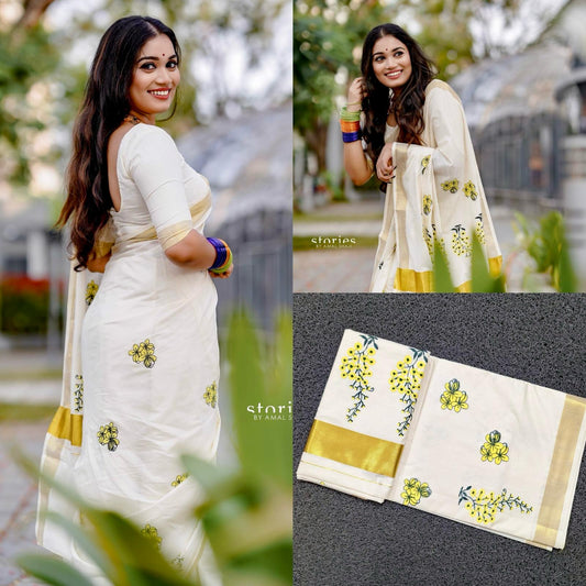 Kerala Kannikonna Embroidery Cotton Saree