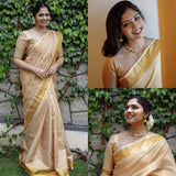 Kerala Copper Tissue Saree With Unstitched Running Blouse Designer Sari