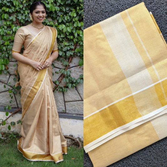 Kerala Copper Tissue Saree With Unstitched Running Blouse Designer Sari