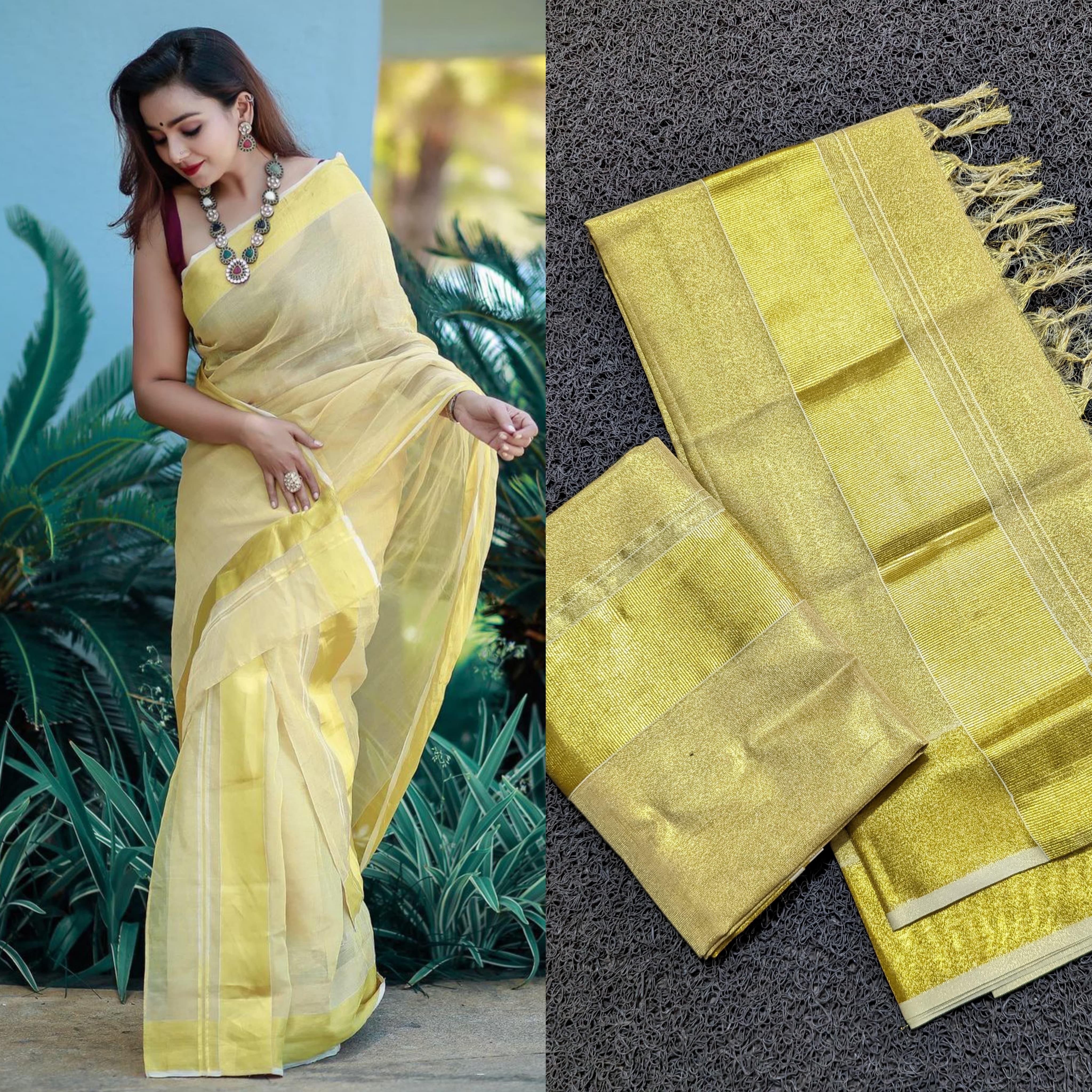 Golden bridal tissue set mundu with tussels