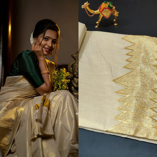 Kerala Golden Border Tissue Saree with Embroidery-Embroidered tissue saree