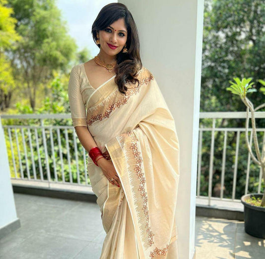 Flower shed golden tissue embroidered saree