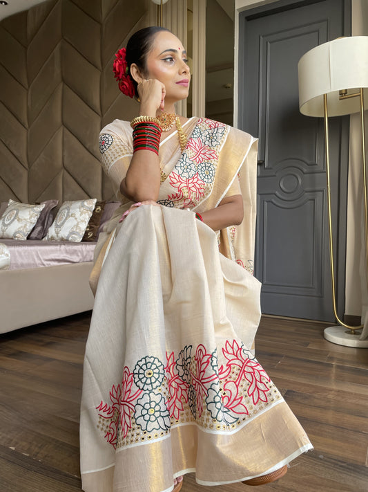 Kerala Drill dot design embroidered saree handloom shade golden tissue