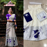 Banyan Leaf Silver Tissue Davani With Violet Blouse, Skirt Stitched And Blouse Material