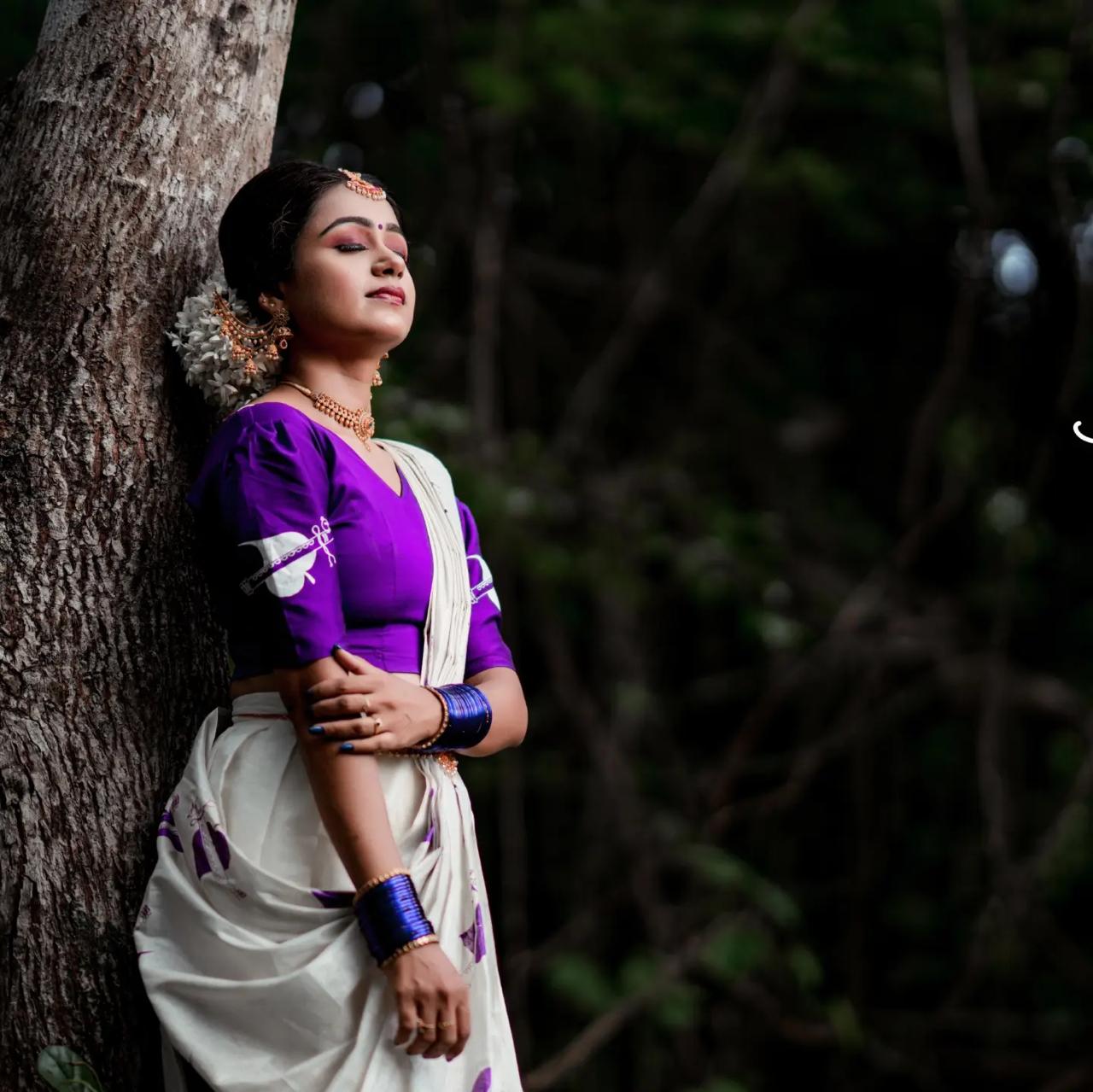 Banyan Leaf Silver Tissue Davani With Violet Blouse, Skirt Stitched And Blouse Material