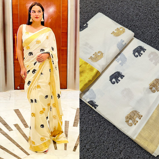 Kerala Cotton saree with elephant embroidery