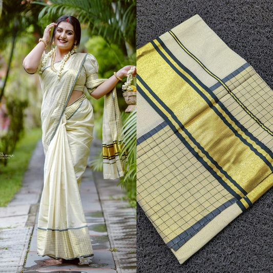 Golden Tissue Saree-Bottle Green + Multi color Border Checked Saree