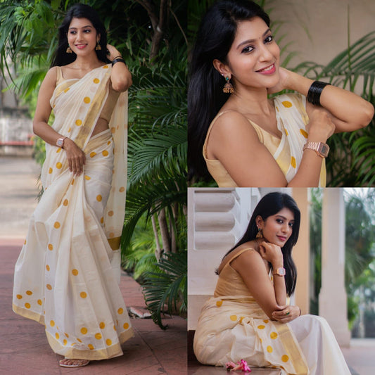 Golden Polka Cotton Saree-Polka Design-Kerala Cotton Saree